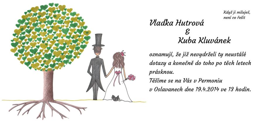Vlaďka Hutrová a Kuba Kluvánek oznamují, že již nevydrželi ty neustálé dotazy a konečně do toho po těch letech prásknou. Těšíme se na Vás v Permoniu v Oslavanech dne 19.4.2014 ve 13 hodin. když ji miluješ, není co řešit.